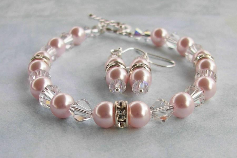 زفاف - PINK Pearl Bracelet and Earring Set, Wedding Jewelry, Swarovski Pearl and Crystal Bridal Jewelry, Bridesmaid Jewelry, Choice of Color