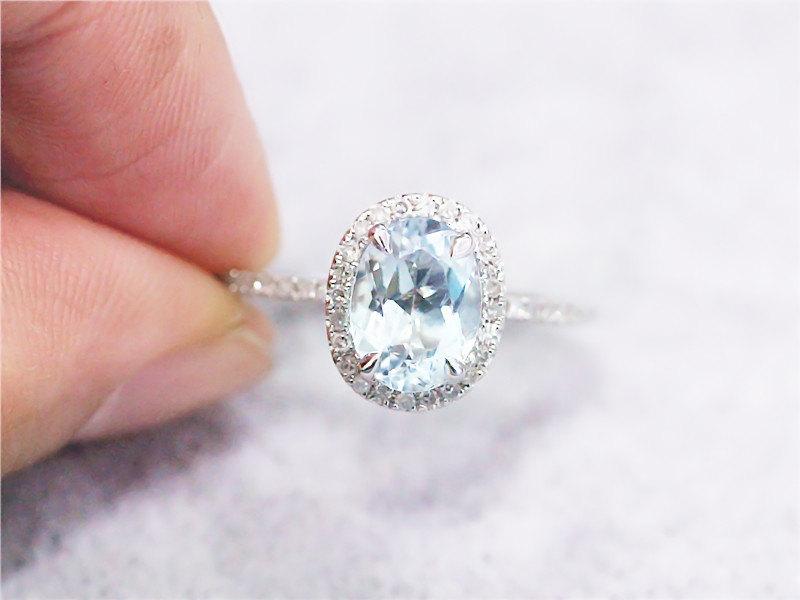 Mariage - 14k White Gold 6x8mm Aquamarine Ring Engagement Ring Diamonds Wedding Band Ring Promise Ring