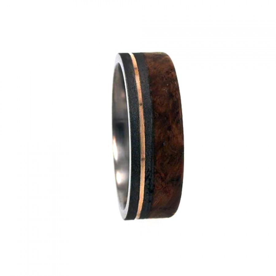 Wedding - Titanium Ring, 14K Gold pinstripe, Black Ash Burl Wood Band, Ring Armor Included
