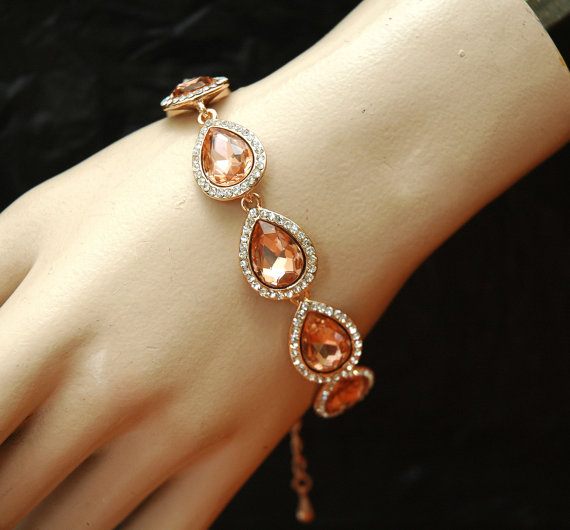 زفاف - Crystal Blush Rose Gold Bracelet, Teardrop Bracelet, Bridal Bracelet, Wedding Jewelry, Rose Gold Jewelry