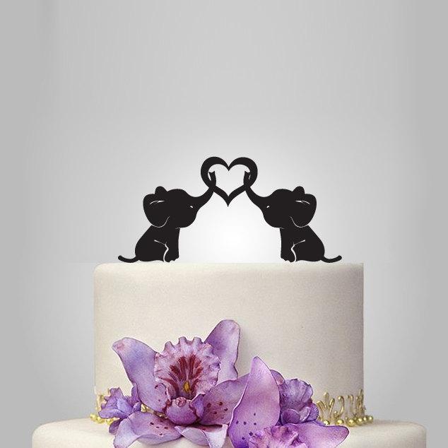 Mariage - baby elephant Wedding Cake topper with heart, silhouette cake topper, heart weding cake topper, birthday cake topper, funny cake topper,
