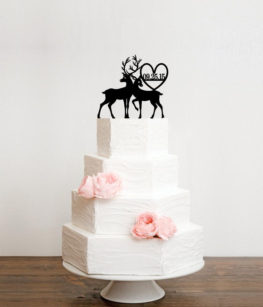 Hochzeit - Deer Wedding Cake Topper with Heart and YOUR Wedding Date - Bridal Shower Topper