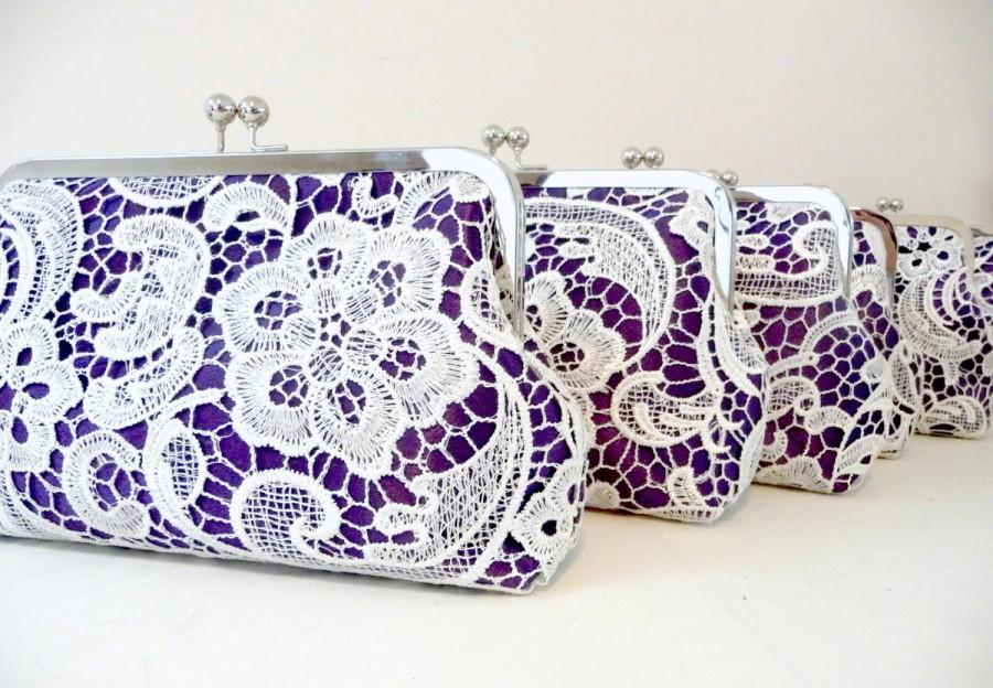 Mariage - Purple Lace Bridesmaid Clutch Set of 5, Personalized Lace Clutch, Bridesmaid Clutch Gift, Lace Purse Set of 7, Eight inch Frame