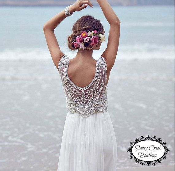 زفاف - Beaded V Neck Bohemian Wedding Dress A Line Beach Destination Wedding Dress Custom Made