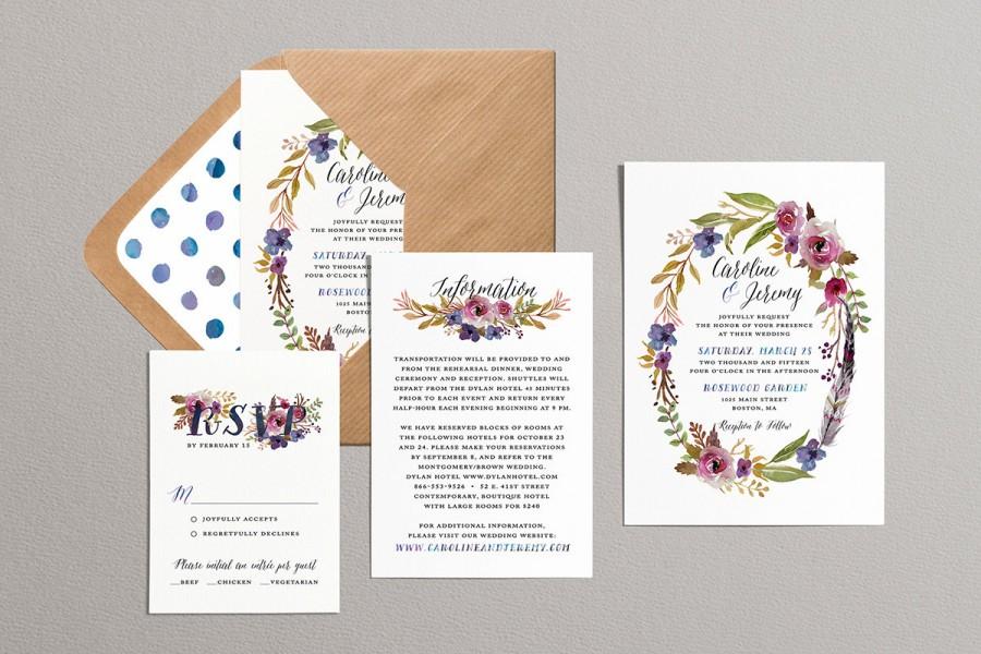 Wedding - Printable Wedding Invitation Set, Laurel Wreath Floral Wedding Suite, Watercolor Wedding Invitations, Bohemian Wedding Invites (Purple-Blue)