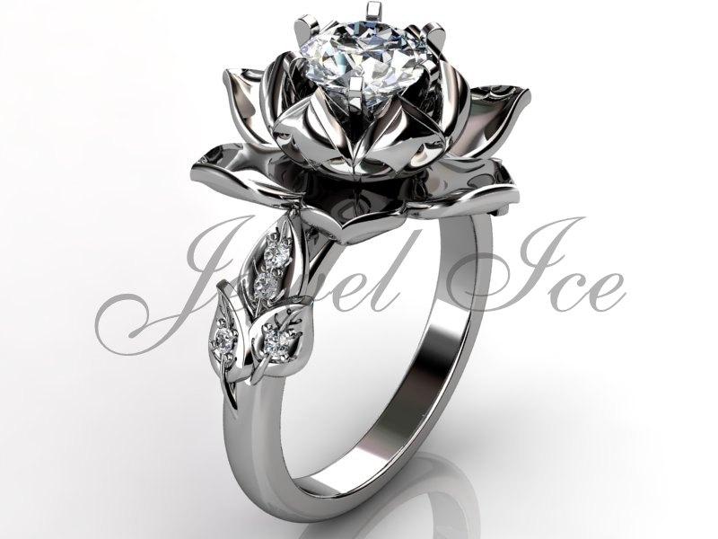 Свадьба - Lotus Moissanite Engagement Ring - 14k white gold Forever One Moissanite lotus flower unique engagement ring, wedding ring ERMZ-1076-1