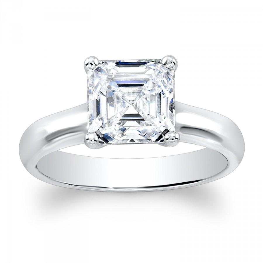 Hochzeit - Women's 14kt white gold classic engagement ring with natural 2 ct (7.0mm square) Asscher Cut White Sapphire center gemstone