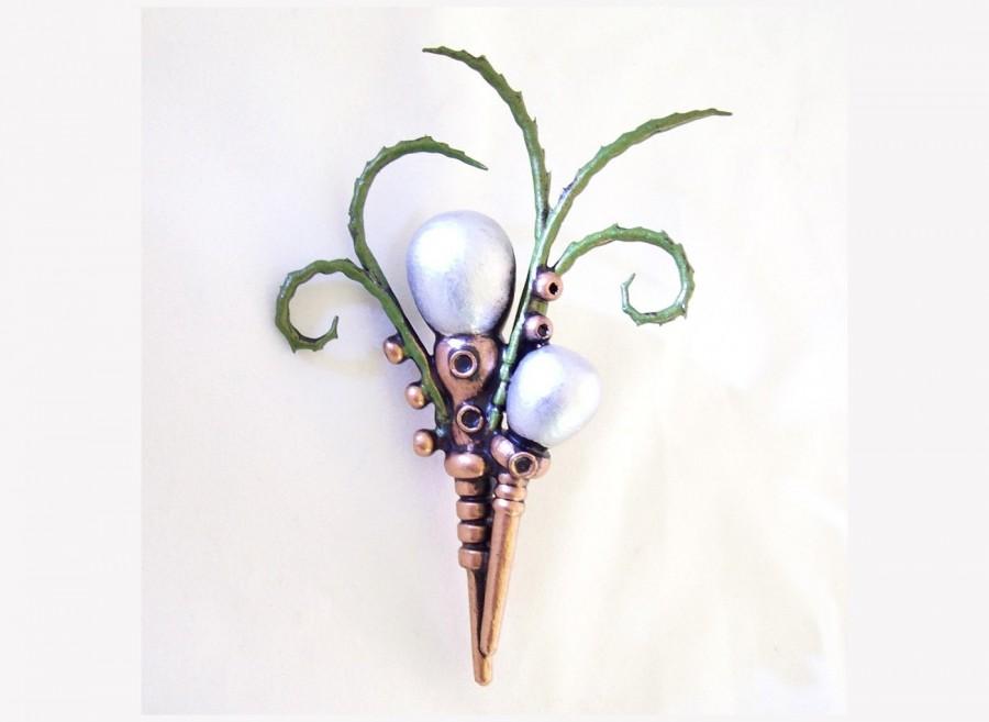 زفاف - Wood Steampunk Wedding Boutonniere Pearl Fantasy Corsage Pin Alien Buttonhole Deluxe