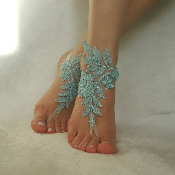 Wedding - Smoked blue free ship beaded pearls country wedding beach wedding barefoot sandals embroidered bridesmaid gift unique foot accessory