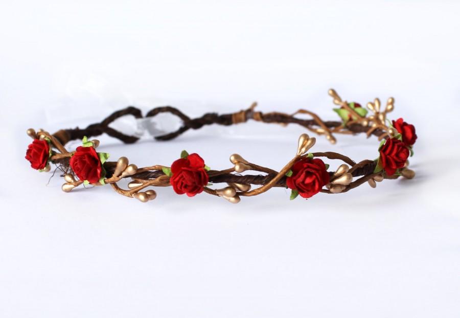 Свадьба - Rose Flower Crown, Mini Red Rose Floral Crown, Flower Girl Garland, Bridesmaid, Rustic wedding, Christmas Wedding