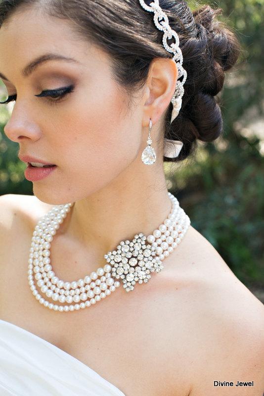 زفاف - Pearl Necklace,Bridal Pearl Necklace,Ivory Pearls,Rhinestone Brooch Necklace,Statement Bridal Necklace,Breakfast at Tiffany's,Pearl,ATHENA