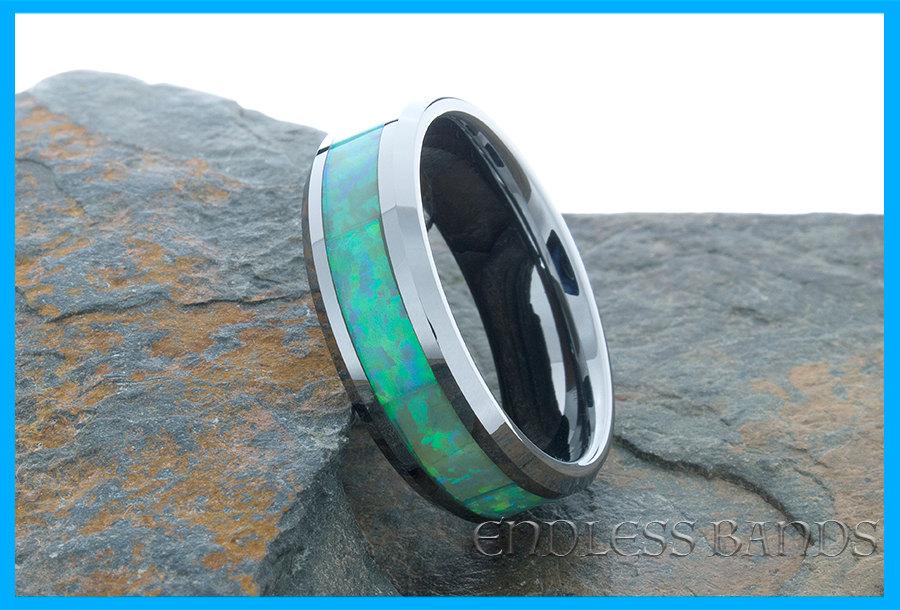 زفاف - Opal Tungsten Wedding Ring Mens Wedding Band Laser Engraving Promise Ring Anniversary Engagement Beveled Comfort Fit Synthetic Opal Ring 8mm