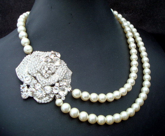زفاف - Pearl Necklace,Bridal Rhinestone Necklace,Swarovski Pearls, Bridal Necklace,Statement Bridal Necklace,Bridal Pearl Necklace,Rose, ANGELINA