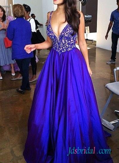 زفاف - PD16065 sexy plunging royal blue taffeta prom dress 2016