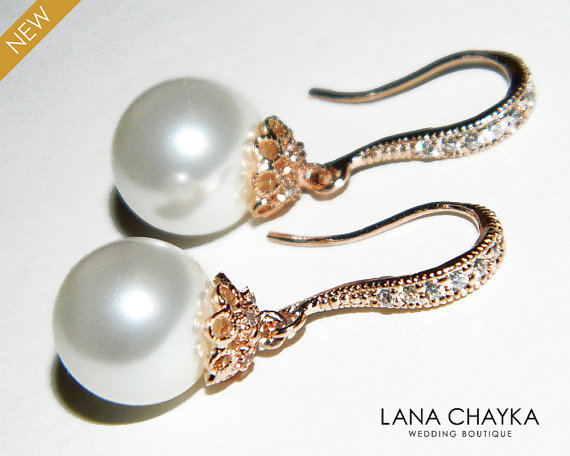 Mariage - White Pearl Rose Gold Bridal Earrings Pearl Drop Bridal Earrings Swarovski 10mm Pearl CZ Earrings Bridal Jewelry Weddings FREE US Shipping