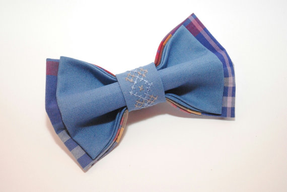 زفاف - Bow tie for men Blue plaid bowtie with embroidery Especially gift him Collegues gift Father's day gift Men's now tie Wedding bow tie Muszka