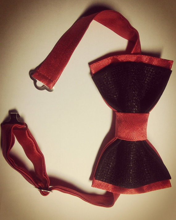 زفاف - Red&black satin bow tie Hand embroidered bowtie Wedding bowties Classic red and black bowtie Nœud papillon noir et rouge Satin Groom'ss ties