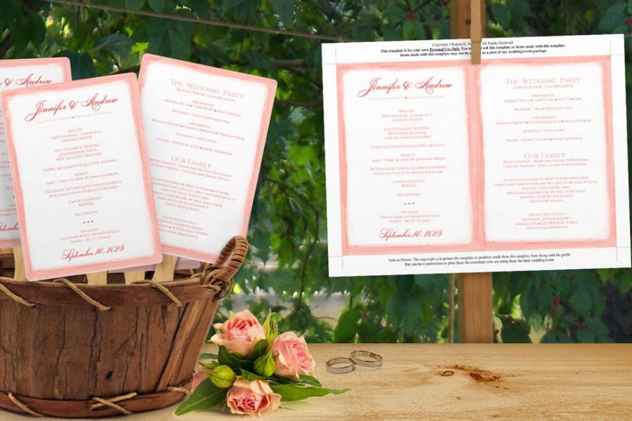Свадьба - DiY Wedding Fan Program Template - DOWNLOAD Instantly - EDITABLE TEXT - Watercolor Border (Coral Pink) 5 x 7 - Microsoft® Word Format