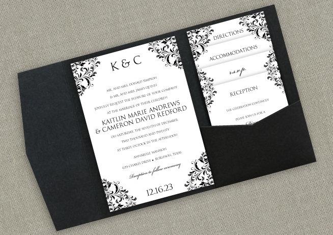 Mariage - Pocket Wedding Invitation Template Set - Instant DOWNLOAD - EDITABLE TEXT - Nadine (Black)  - Microsoft Word Format