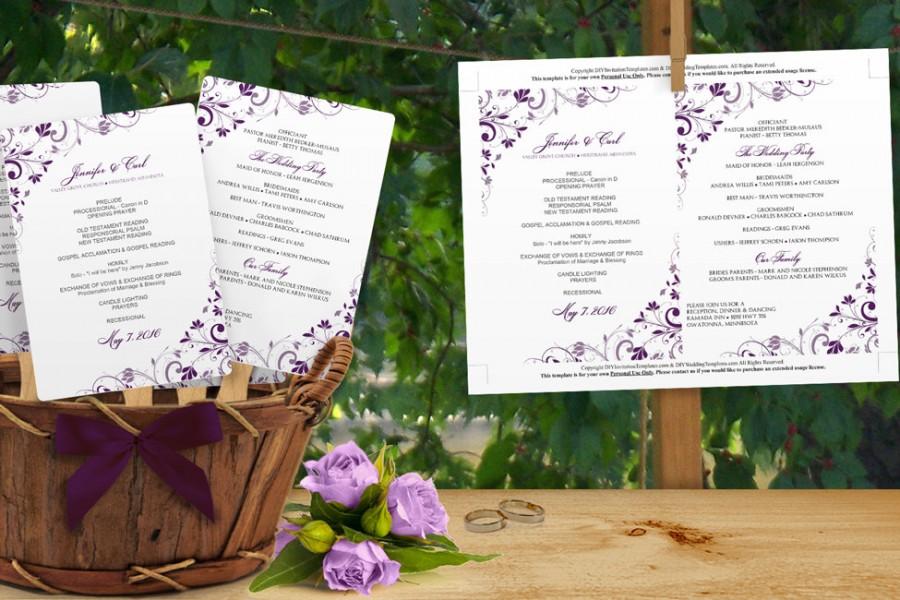 Hochzeit - DiY Wedding Fan Program Template - DOWNLOAD Instantly - EDITABLE TEXT - Chic Bouquet (Plum) 5 x 7 - Microsoft® Word Format