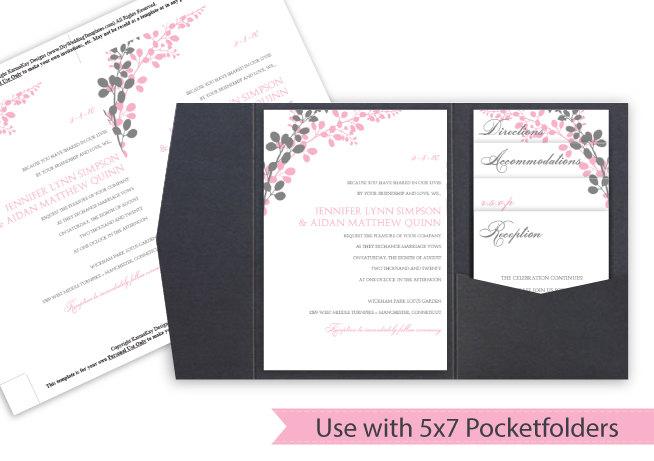 Wedding - Pocket Wedding Invitation Template Set - DOWNLOAD Instantly - EDITABLE TEXT - Exquisite Vines (Pink & Charcoal)  - Microsoft Word Format