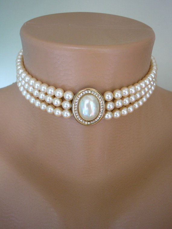 Hochzeit - Pearl Choker, Cream Pearls, Great Gatsby, Pearl And Rhinestone, 3 Strand Pearls, Vintage Bridal, Bridal Choker, Gatsby, ROSITA, Art Deco