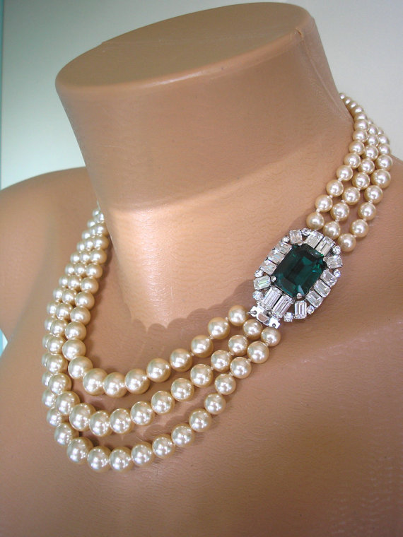 Wedding - Emerald And Pearl Necklace, Vintage Pearl Choker, Pearl Bridal Necklace, Green Rhinestone Jewelry, Statement Necklace, Wedding Jewelry