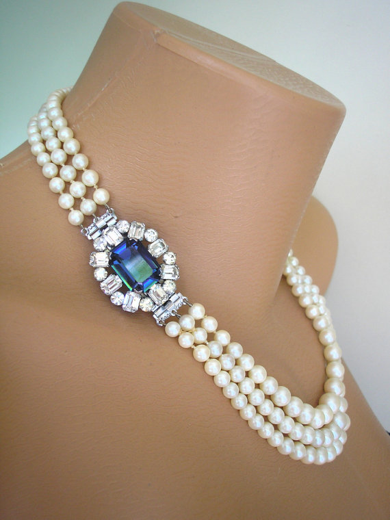 Wedding - Pearl Necklace, Great Gatsby, Statement Necklace, Pearl Choker, Wedding Necklace, Bridal Jewelry, Art Deco, Sapphire, Montana, Navy Blue