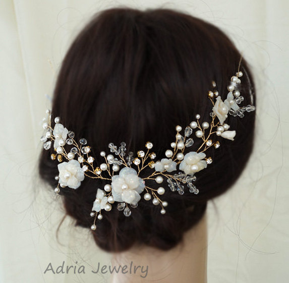 Wedding - Gold Wedding Headpiece, Ivory Bridal Hair Clips, Bridal Hair Comb, Wedding Hair Accessories, Gold Wedding Hair Piece, Bridal Hair Vine,