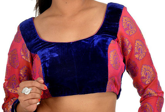 زفاف - Velvet Pink and Blue Partywear Saree Blouse
