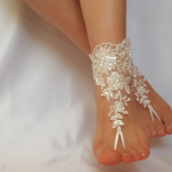 Wedding - ivory barefoot french lace sandals beach wedding embroidered anklet free ship bridesmaid amazing beaded scaly pearls weddingday