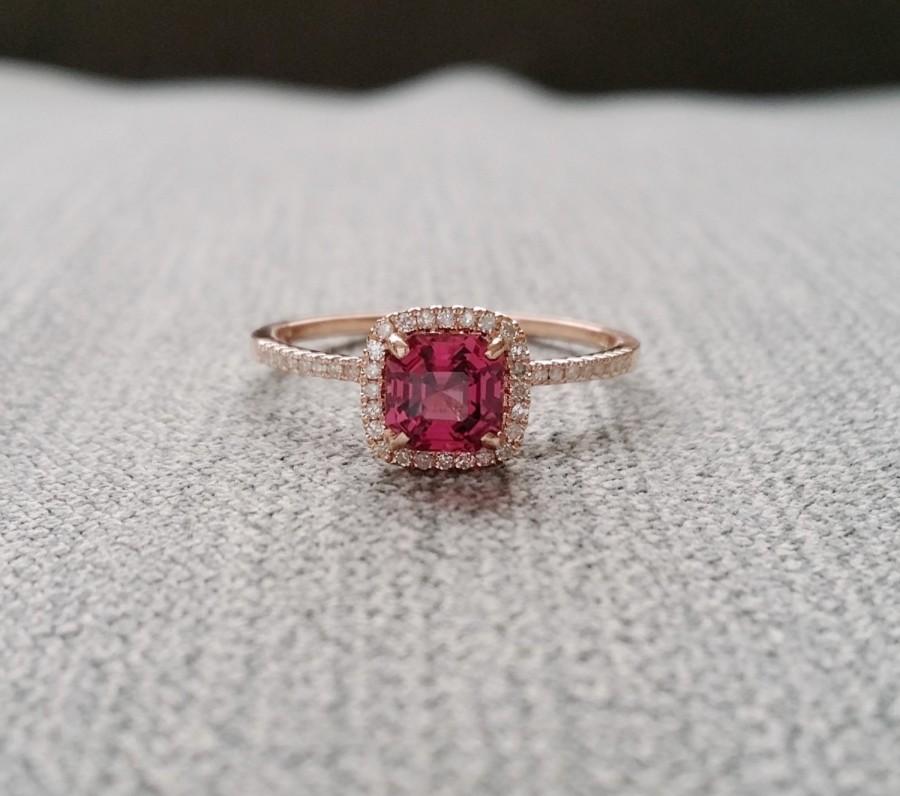 Mariage - Halo Rhodolite Garnet Diamond Ring Gemstone Engagement Ring marsala pantoneCustom Burgundy Asscher Square Halo 14K Rose Gold sizeable