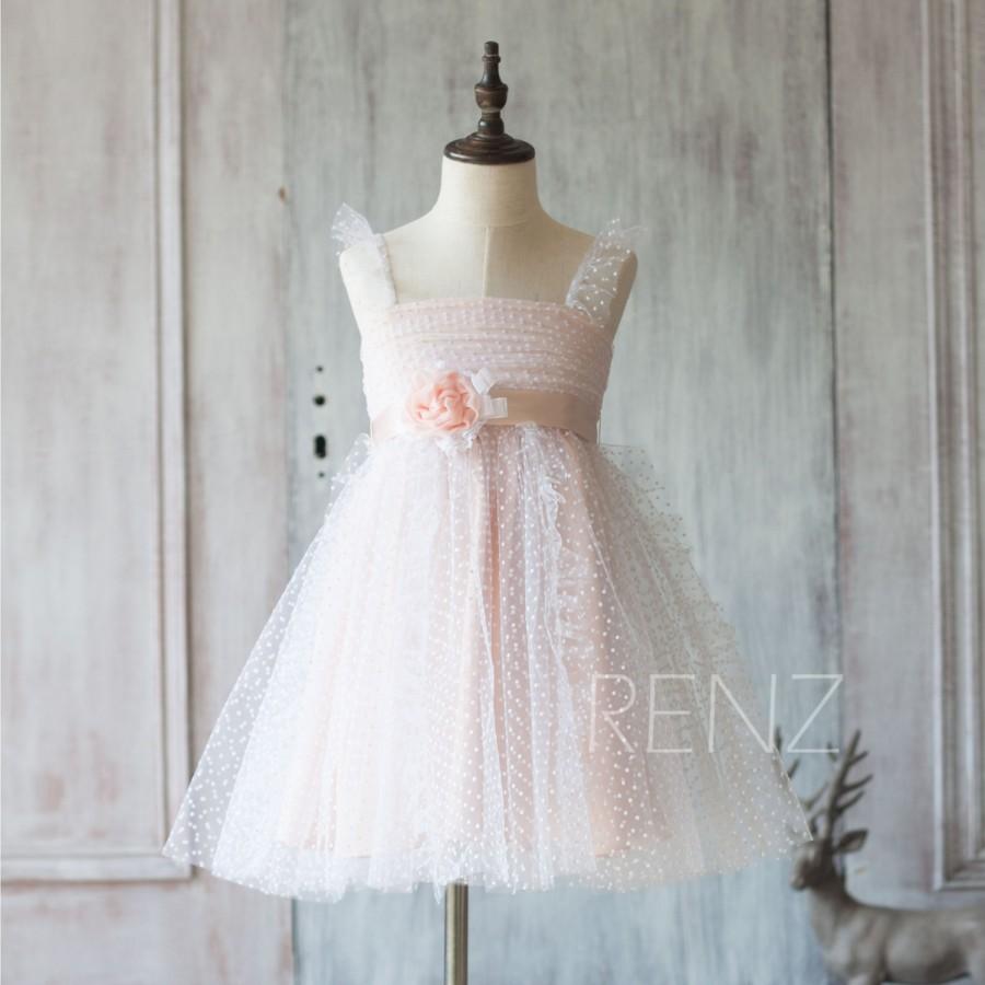 Wedding - 2016 White Dot Mesh Junior Bridesmaid Dress, Blush Pink Flower Girl Dress, Ruffle Sleeve Puffy dress knee length (ZK021)