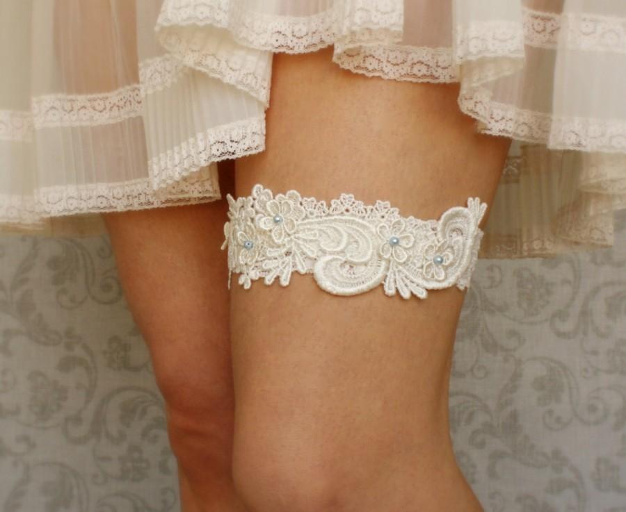 Hochzeit - Lace Bridal Garter, Something Blue Wedding Garter, Lace Garter, Beaded Garter, Ivory, Off-White, White Lace; Garter with Pearls - "Lucille"