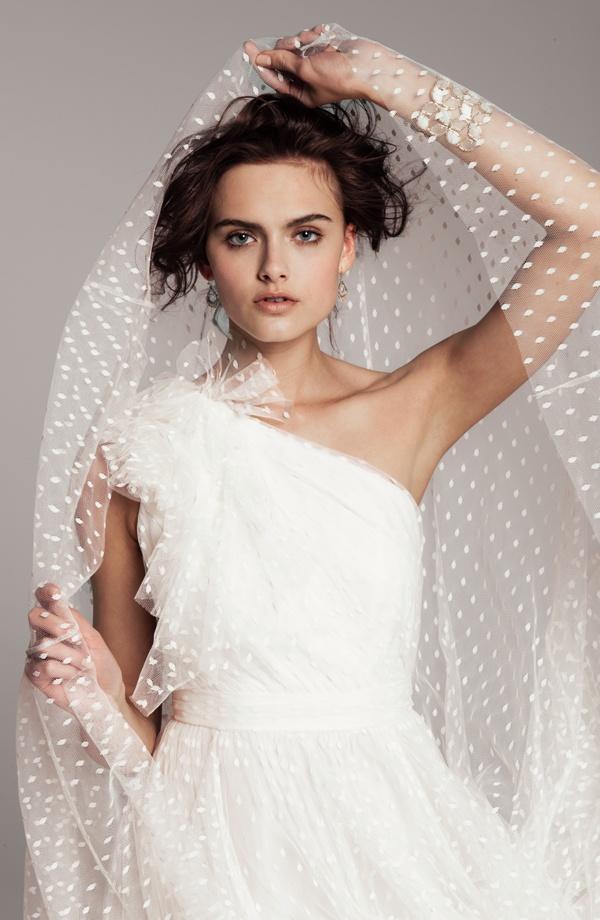 Hochzeit - Carmen Marc Valvo Dotted Tulle One Shoulder Gown 