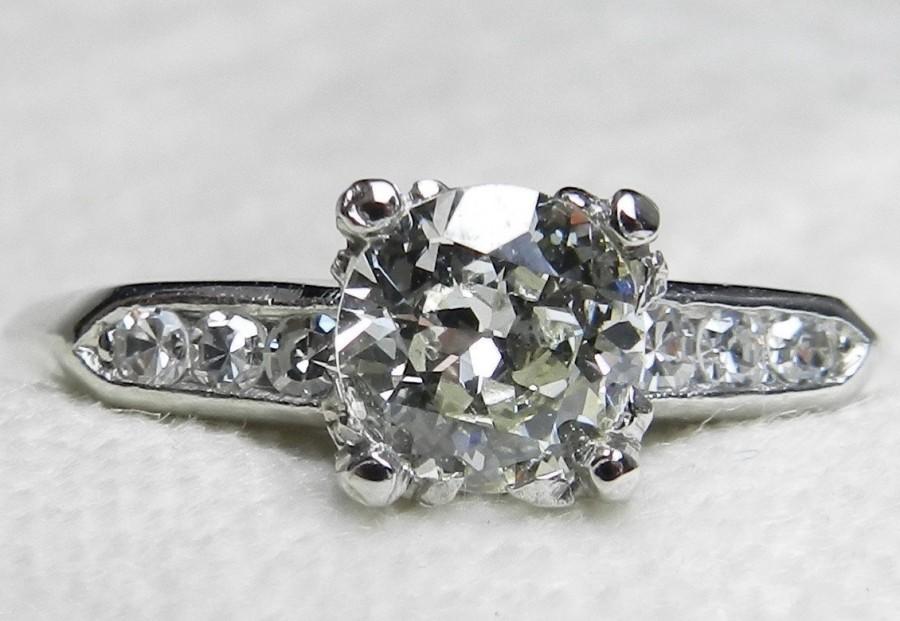 Hochzeit - Art Deco Diamond Engagement Ring 1.12ct Old European Cut Diamond with Accents 1.30cttw Diamond Solitaire Engagement Ring Platinum Ring