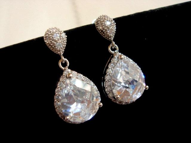 Wedding - Crystal Wedding earrings, CZ bridal earrings, Bridal jewelry, Teardrop earrings, Bridesmaid jewelry, CZ earrings, Rhinestone earrings
