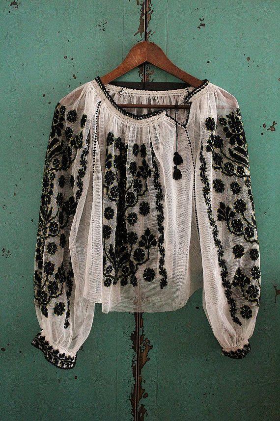 زفاف - Vintage Ethnic Embroidered Tulle Top / Art To Wear