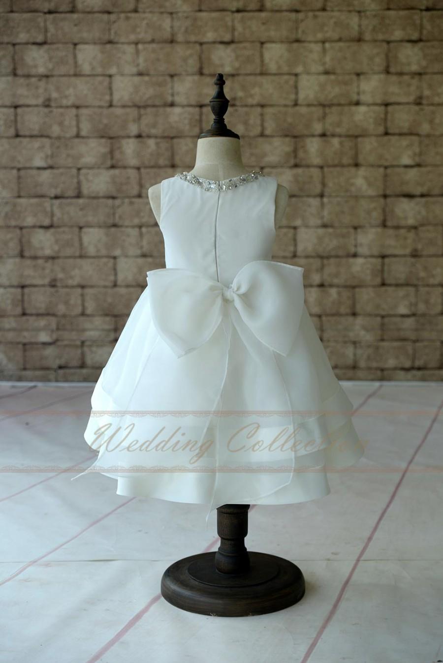 Mariage - Ivory Flower Girl Dress with Beading Neckline, Oganza Flower Girl Dress with Back Bow