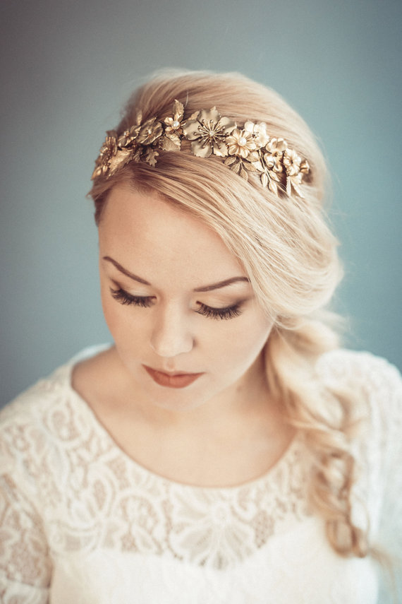 زفاف - Gold bridal headpiece - Golden floral tiara - Bridal headband - Bridal hair accessories - Wedding headband