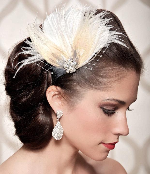 Wedding - Ivory Bridal Head Piece Champagne Peacock Feather Fascinator Vintage Inspired Rhinestone Wedding Hair Piece - Made to Order - VIVIAN