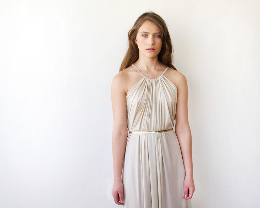 Mariage - Pleated champagne Dress ,Halter Maxi Dress, Dress with Belt