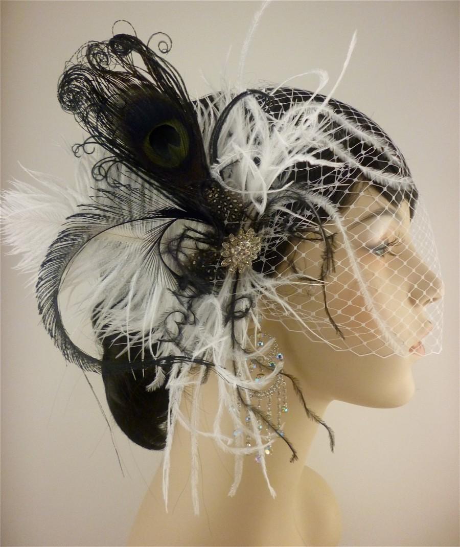 زفاف - Rock On - Bridal Feather Fascinator, Bridal Fascinator, Fascinator, Bridal Headpiece, Bridal Veil, Wedding Veil, Black and White