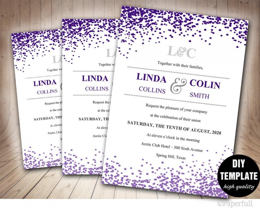 Hochzeit - Creative Wedding Invitation Template,Confetti Wedding Invitation,Printable Purple Wedding Invitation,Aubergine Wedding Invitation Template