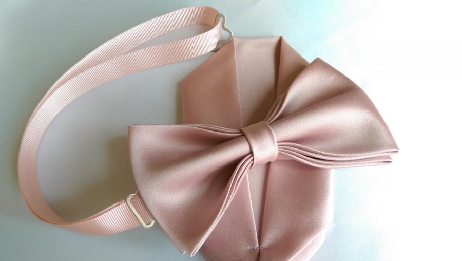 زفاف - Pink Blush, Dusty Rose Light Rose bow tie with pocket square set, adult and kid size