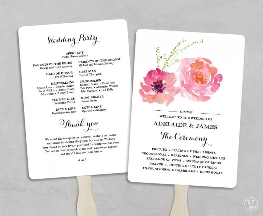 Hochzeit - Printable Wedding Program Fan Template, Wedding Fans, DIY Wedding Programs, Editable text, 5x7, Pink Peony