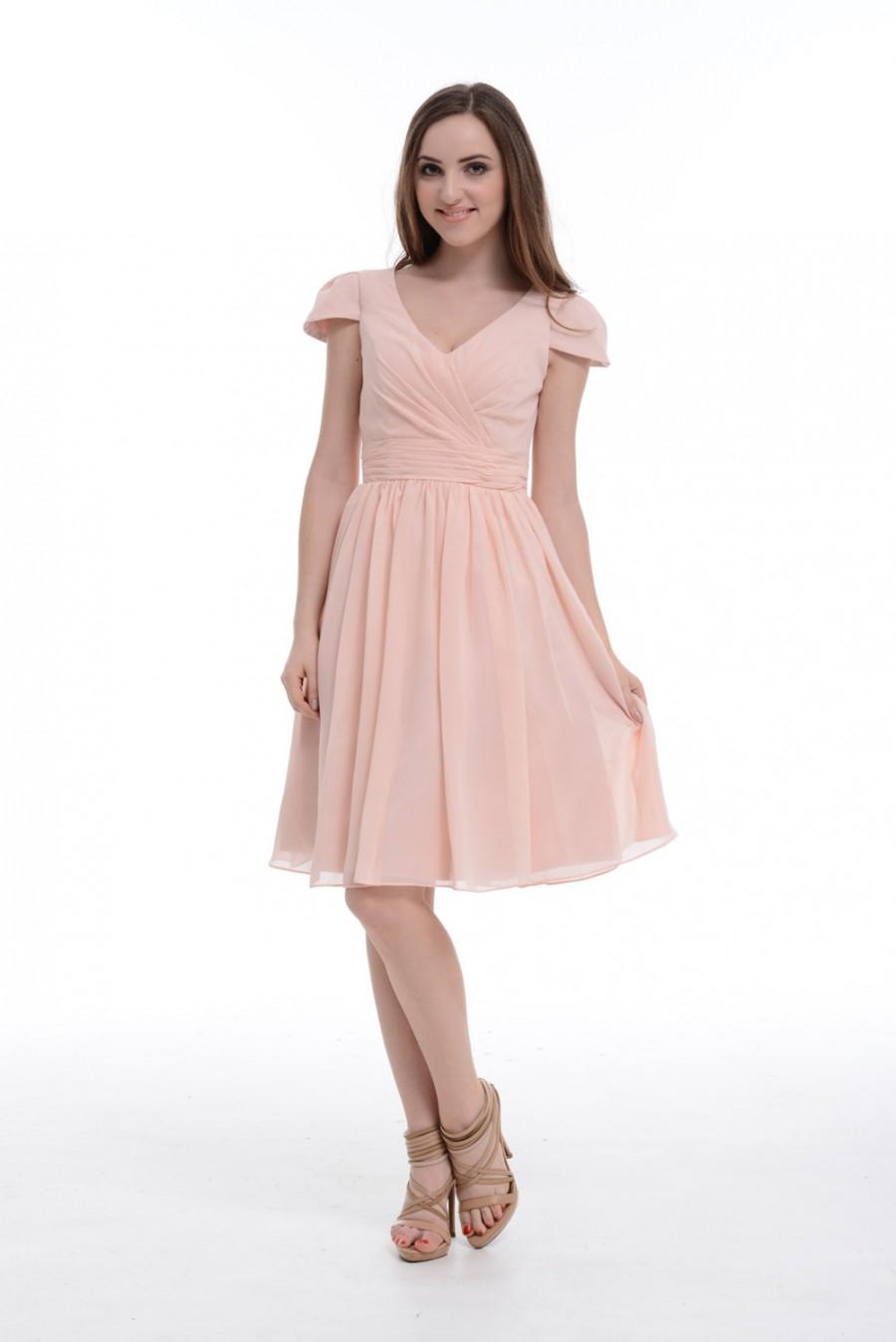 Mariage - Pearl Pink Chiffon Bridesmaid Dress, Bridesmaid Dress With Cap Sleeves