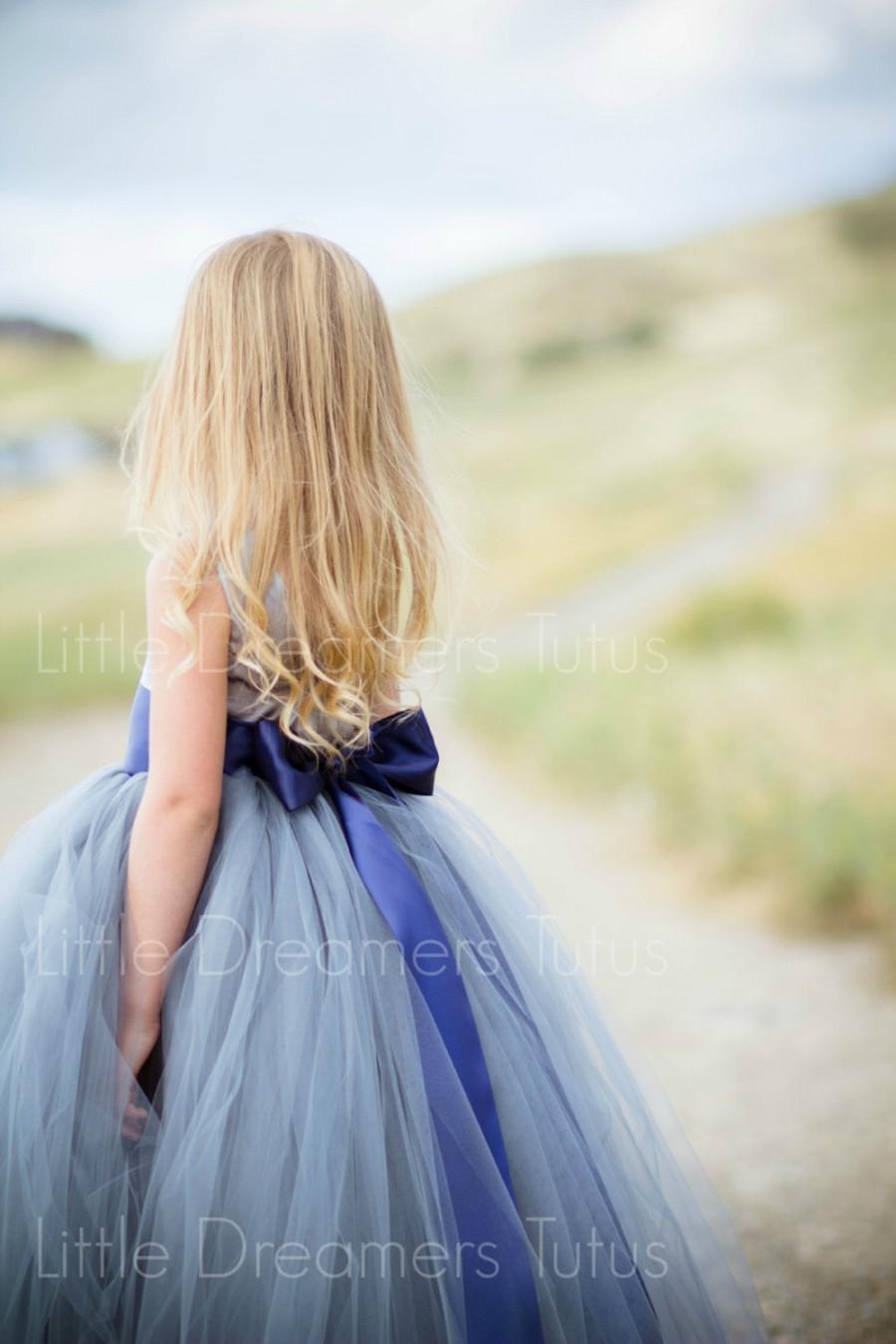 Wedding - NEW! The Juliet Dress in Charcoal with Navy Sash - Flower Girl Tutu Dress