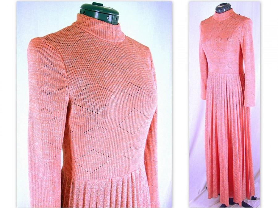 زفاف - Vintage 1970's Salmon and Silver Prom Party Dress, Modern Size 6, Small