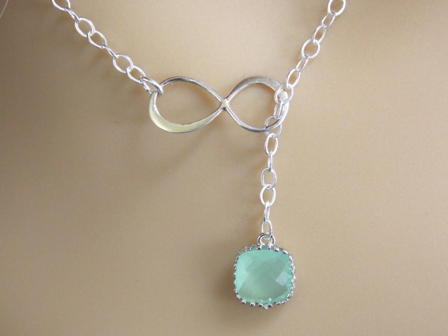 زفاف - Sterling Silver Infinity Lariat Necklace, Infinity Pendant, Glass, Mint Necklace, Eternity Necklace, Best Friend, Mom Gift, Bridesmaid Gift